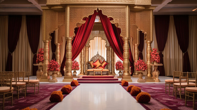 A Traditional Indian Wedding Mandap with Decorated and Bright Fabrics