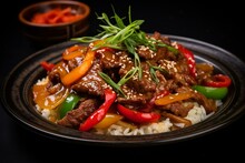 Tasty beef stir-fry with vibrant peppers and onions. Generative AI