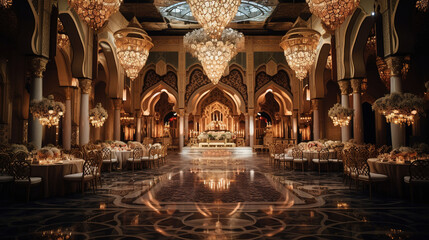 Wall Mural - Luxurious Arabic Wedding Reception, Magnificent Chandeliers, Lavish Curtains, Mosaic Patterns