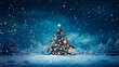 © Rendara Studio - Illuminated christmas tree into the forest in on a snowy night in cold blue tones at twilight, Generative AI illustration