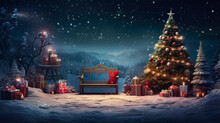 Decoration With A Bench And Christmas Tree With Red And Golden Garlands Close To Xmas Gifts In Red Boxes With Snowy Flakes At Twilight , Generative AI Illustration