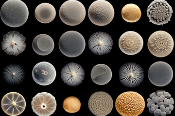 Highly magnified snapshots of yeast cells under microscope revealing unique patterns 