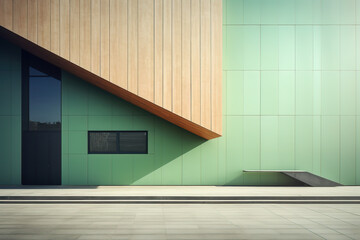 Wall Mural - Light green and wooden striped wall modern style building exterior