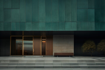 Poster - dark green wall, wooden and cement modern building exterior