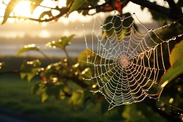 Sticker - a dew-kissed spiderweb catching the morning light