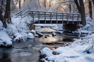 Canvas Print - small footbridge spanning across a partially frozen creek