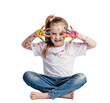 Happy girl, a creative child playing with paint, isolated on transparent white background