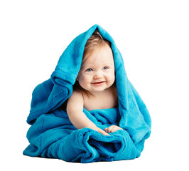 Wall Mural - Cute happy baby smiling in cozy blanket. Isolated on transparent white background