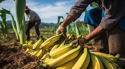 bananas on the tree, banana tree in the garden, harvest for bannanas, close-up of hands picking up of bananas