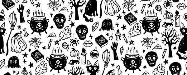 Wall Mural - Monochrome seamless pattern of cute Halloween hand drawn doodle. Black and white background with Pumpkin, broom, owl, skull, house, castle, raven, pentagram, witch, cat, leaves, spider, ghost, cat,