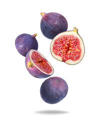 Wall Mural - Whole and sliced ripe figs close up in the air on a transparent background