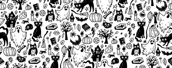 Wall Mural - Monochrome seamless pattern of cute Halloween hand drawn doodle. Black and white background with Pumpkin, broom, owl, skull, house, castle, raven, pentagram, witch, cat, leaves, spider, ghost, cat,