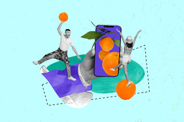 Poster - 3d retro abstract creative artwork template collage of hand hold smartphone funny young man female have fun orange juice screen shopping
