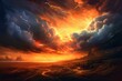 Illustration of fiery storm in sky above desolate landscape, perfect as artistic background wallpaper. Generative AI