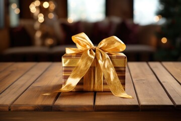 Poster - a neatly tied gift box with a golden ribbon on a wooden table