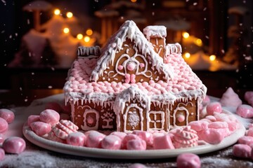 Sticker - gingerbread house with glowing led lights partially buried in powdered sugar snow