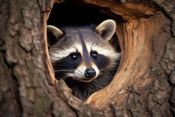 Wall Mural - Raccoon is in a tree hole photography style Made with Generative AI