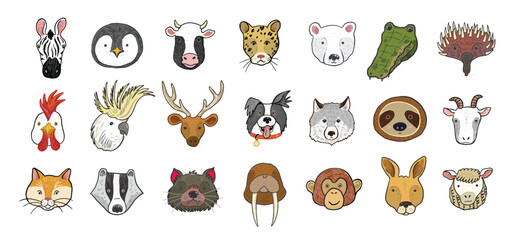 Canvas Print - Funny animal heads vector illustrations set.