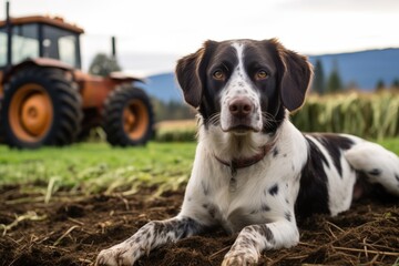 Poster - a farm dog sitting next to a parked hayride