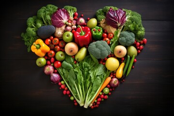 Wall Mural - fresh fruits and vegetables arranged in the shape of a heart