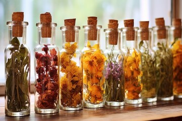 Wall Mural - dried petal and leaves in transparent glass apothecary bottles