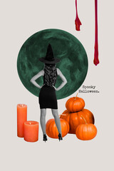 Poster - Composite collage image of beautiful female back posing decoration pumpkin candles witch costume happy halloween freak bizarre unusual