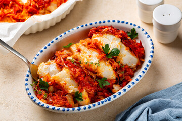 Wall Mural - Served Greek and Polish style oven baked cod fish Psari Plaki with sauteed vegetables, carrot, onion, parsley and tomato sauce. White plate with blue decoration, casserole on background.