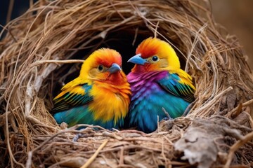 Canvas Print - a pair of different color birds sitting in a nest