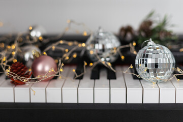 Canvas Print - Synthesizer with Christmas decor toys. Christmas music.