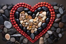 Monochromatic Pebbles Arranged In A Heart Shape With Different Languages Carved On Them