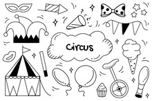 Circus set in cartoon design. Illustration in black and white style shows interesting attributes of circus art: bicycles, toys, garlands. Vector illustration.