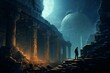 A person exploring old ruins, with impressive ancient monuments lighting up the scene. Generative AI