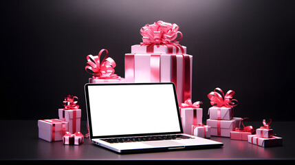 Wall Mural - online shopping mockup laptop with festive gifts and presents