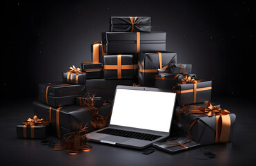 Wall Mural - online shopping mockup laptop with festive gifts and presents