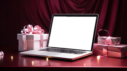 Poster - online shopping mockup laptop with festive gifts and presents