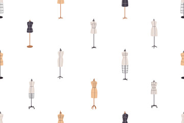 Poster - Mannequins, seamless pattern. Manikins, endless background. Fashion dummies, repeating sewing atelier print. Manequins, printable texture design. Repeatable flat vector illustration for textile