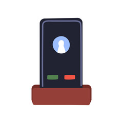 Aufkleber - Mobile phone ringing, accept and decline buttons on screen. Smartphone in holder with red, green symbols for receiving, rejecting incoming call. Flat vector illustration isolated on white background