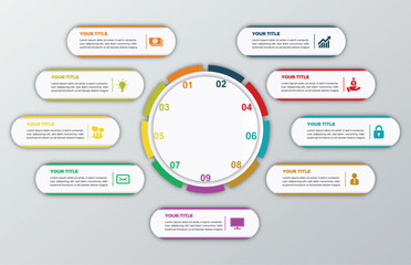 9 list of steps, layout diagram with number of sequence, circular infographic element template