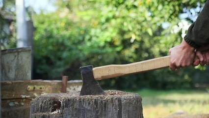 Wall Mural - A wooden ax chops firewood on stump in yard