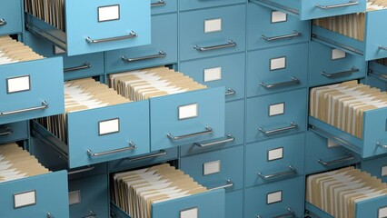 Poster - File cabinet with folders. Search archive, documentation and buraucracy concept. 3d video animation