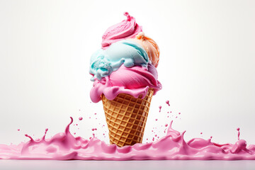 Ice cream in waffle cone with splashes. 3d rendering