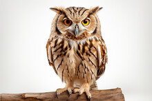 Owl With Big Eyes Sitting On A Wooden Branch Isolated On White Background