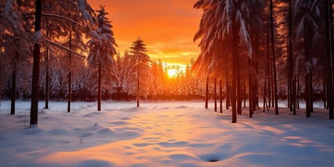 Poster - Beautiful winter snowy natural landscape at sunset