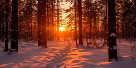 Poster - Beautiful winter snowy natural landscape at sunset
