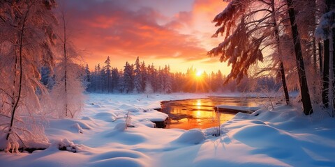 Poster - Beautiful winter snowy natural landscape at sunset