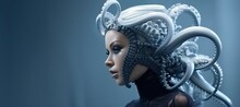 Generative AI, Woman In Plastic Blue Octopus Like Mask, High Tech Futurism, Minimalist Beauty