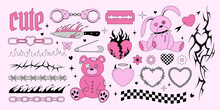 Y2k Emo Goth Stickers Collection. Old Bear And Bunny Toys, Hearts, Spikes, Tattoo, Flame, Knife In 2000s Style. Black And Pink Gothic Cliparts. Vector Illustration