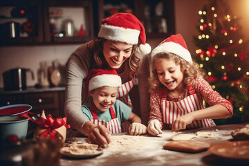 Photo of a woman and two children baking Christmas cookies together