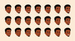 African american man emote set, young black hair portrait bundle. Dark skin handsome male head emotional facial expressions. Different cute face icons, positive, negative emotion pic. Vector cartoon