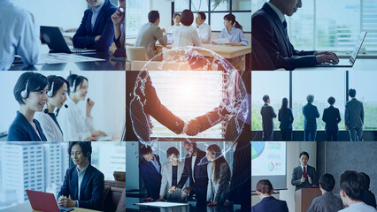 Poster - Collage of global business communication network. Transition from white background.